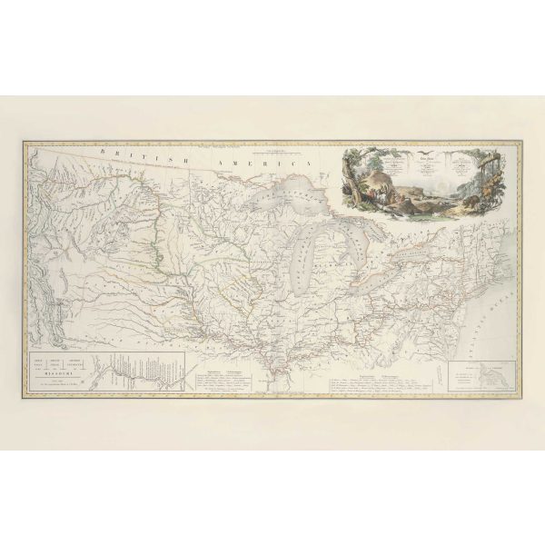 Karl Bodmer - Map of the Historic Route (hand-colored by Jane Niebling). Travels in the Interior of North America. Heritage Prints Giclee