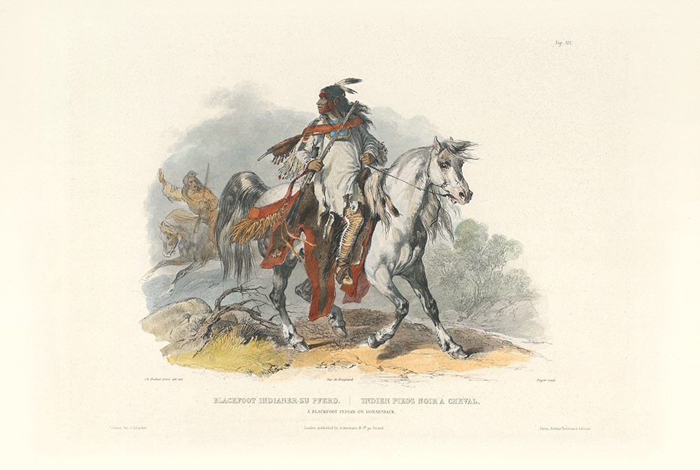 Special Offer – Discount. Karl Bodmer - Travels in the Interior of North Amerika – Museum Quality Giclee Prints Hand-Colored. Vignette 19 A Blackfoot Indian on Horseback
